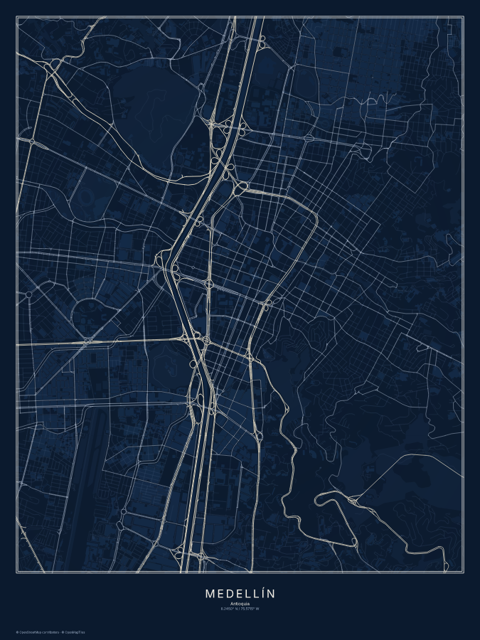 Medellín map poster, midnight style