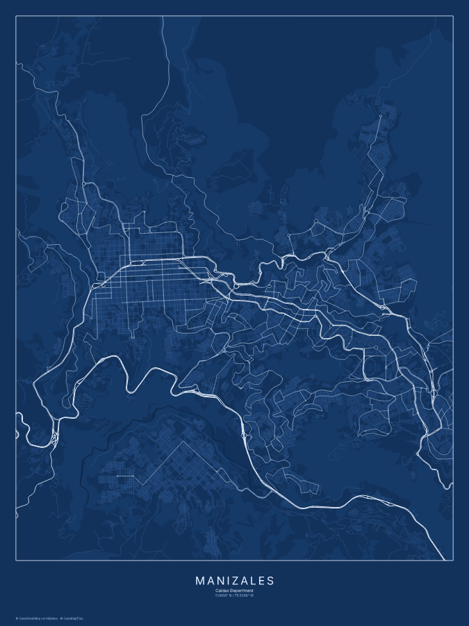Manizales map poster, blueprint style