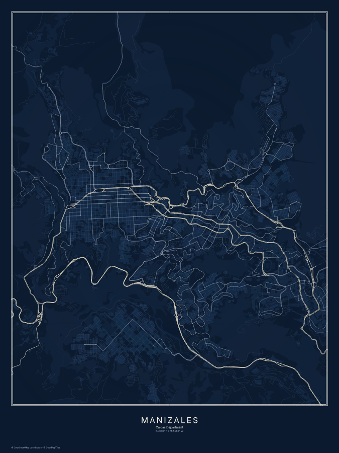 Manizales map poster, midnight style