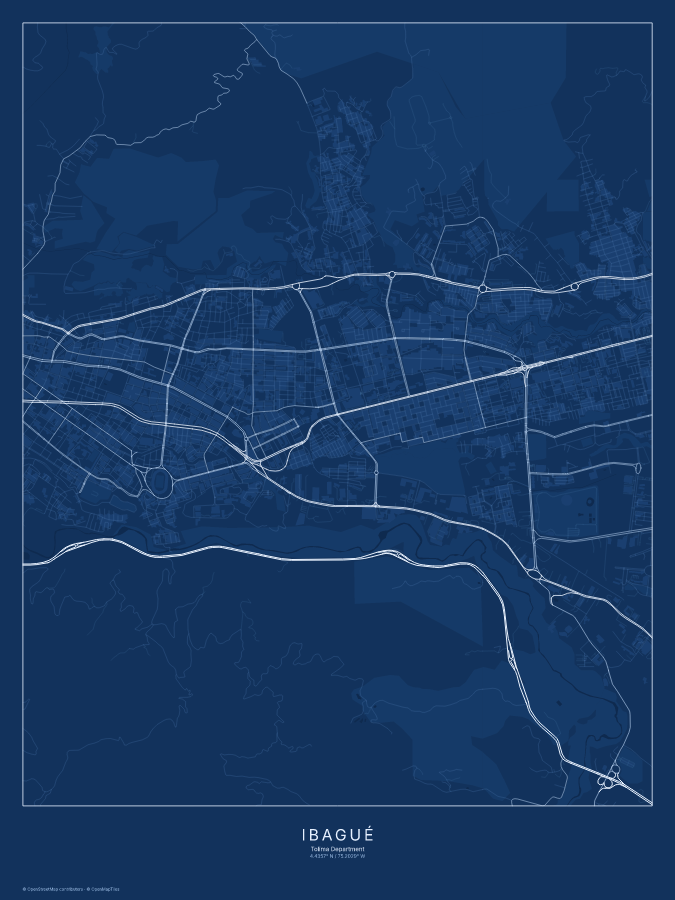 Ibagué map poster, blueprint style