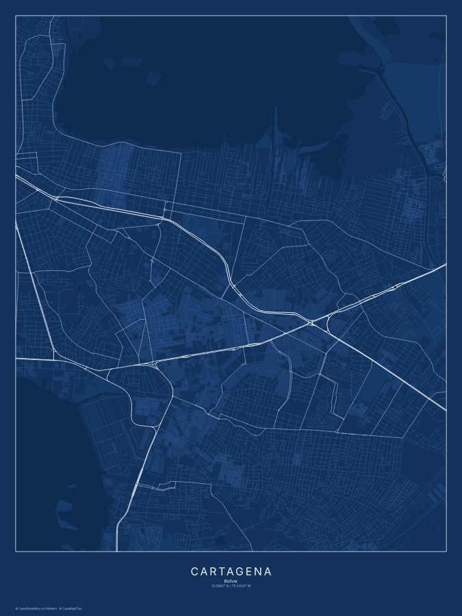 Cartagena map poster, blueprint style