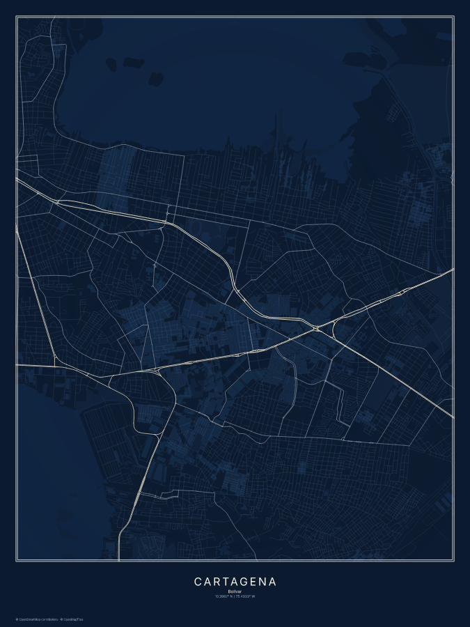 Cartagena map poster, midnight style