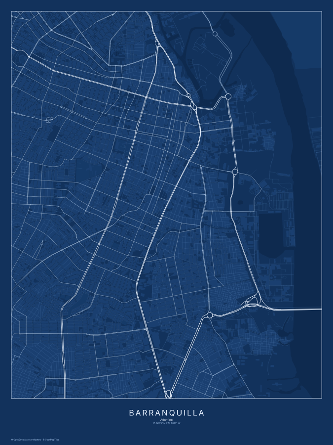 Barranquilla map poster, blueprint style