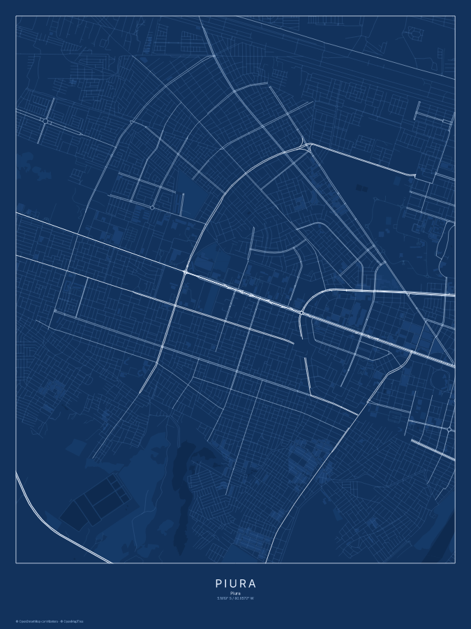 Piura map poster, blueprint style