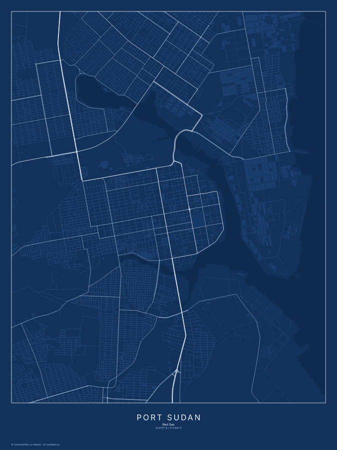 Port Sudan map poster, blueprint style