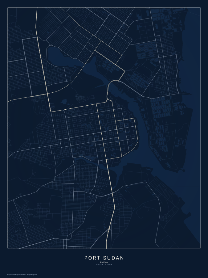 Port Sudan map poster, midnight style