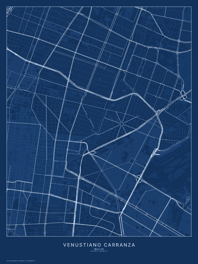 Venustiano Carranza map poster, blueprint style