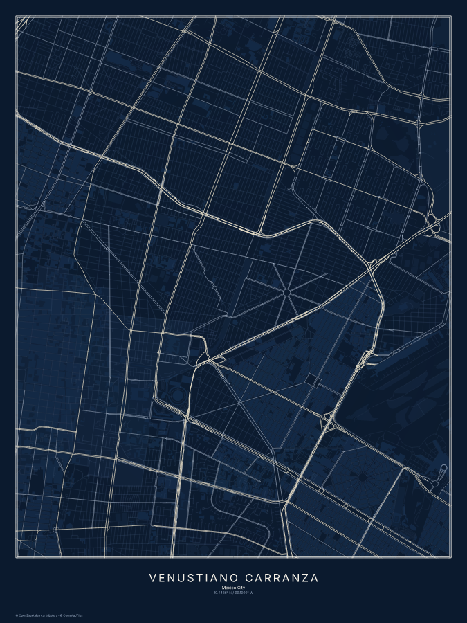 Venustiano Carranza map poster, midnight style