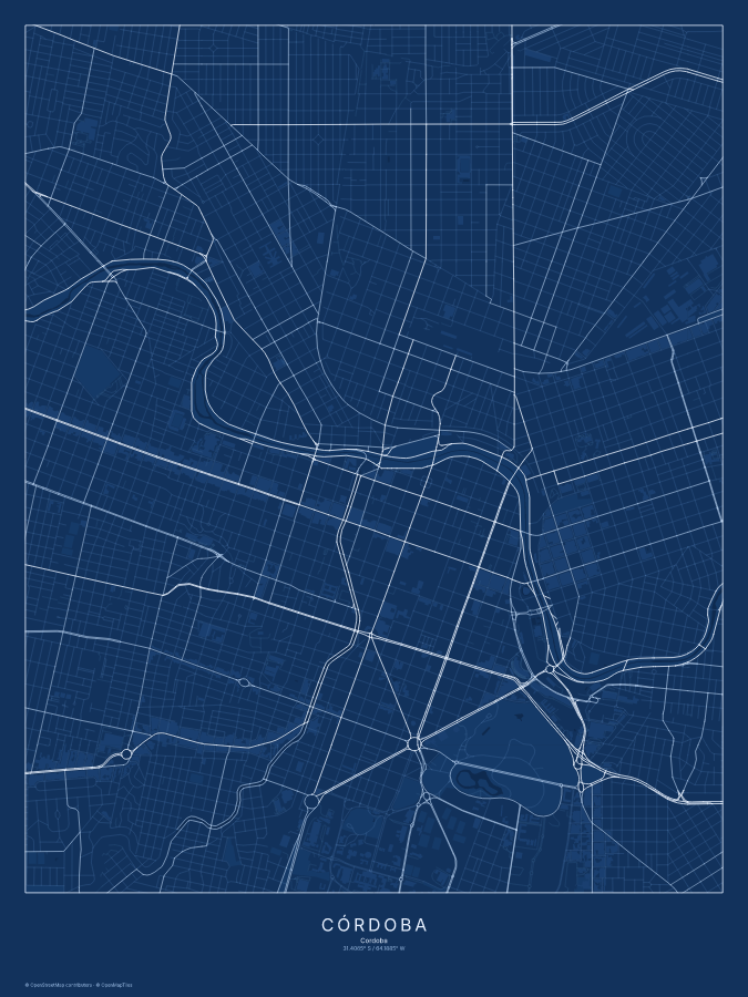 Córdoba map poster, blueprint style