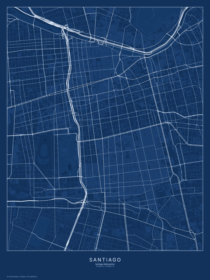 Santiago map poster, blueprint style