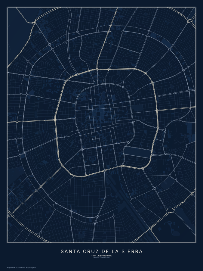 Santa Cruz de la Sierra map poster, midnight style