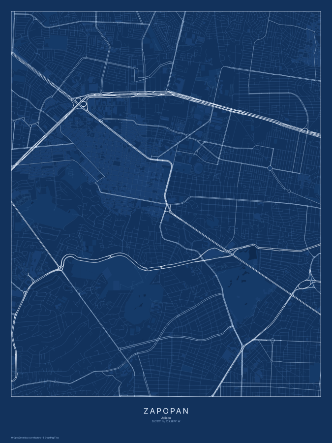 Zapopan map poster, blueprint style