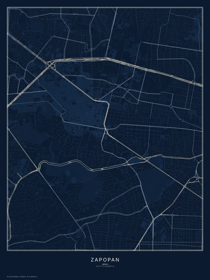Zapopan map poster, midnight style
