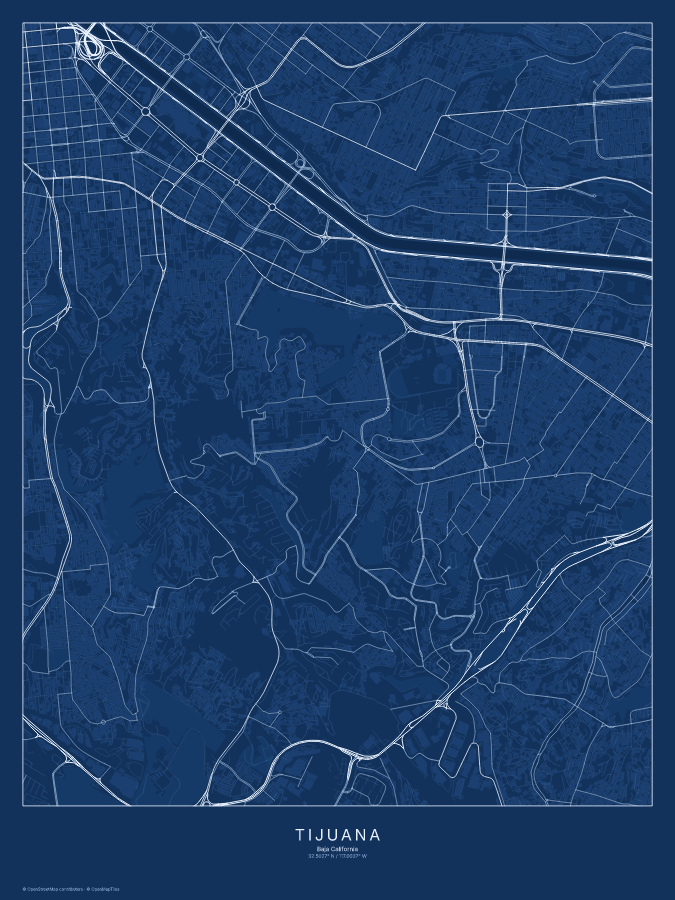 Tijuana map poster, blueprint style