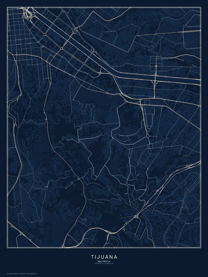 Tijuana map poster, midnight style