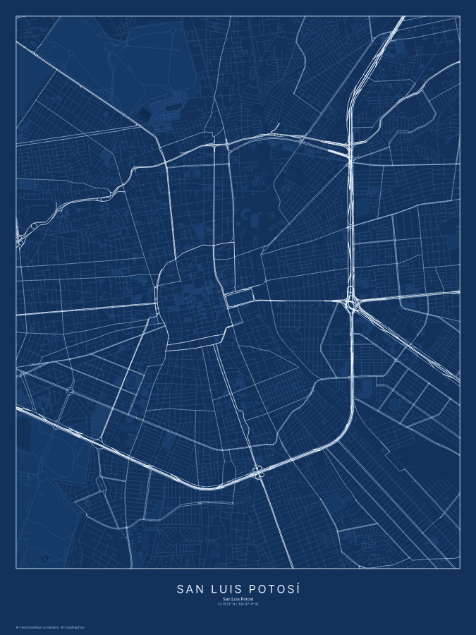 San Luis Potosí map poster, blueprint style