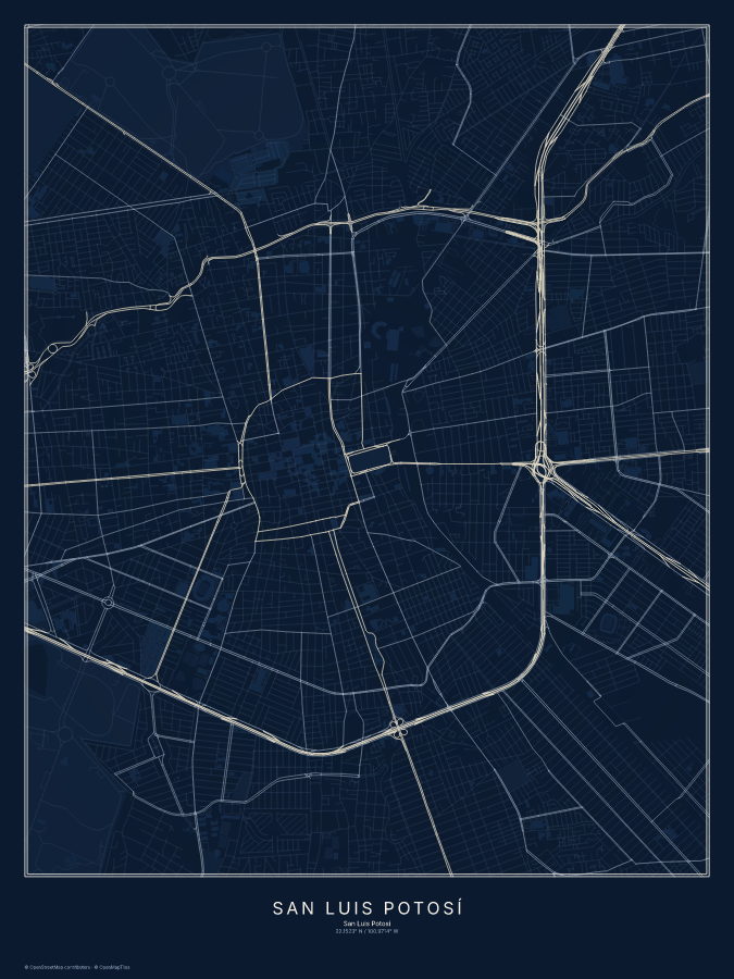 San Luis Potosí map poster, midnight style