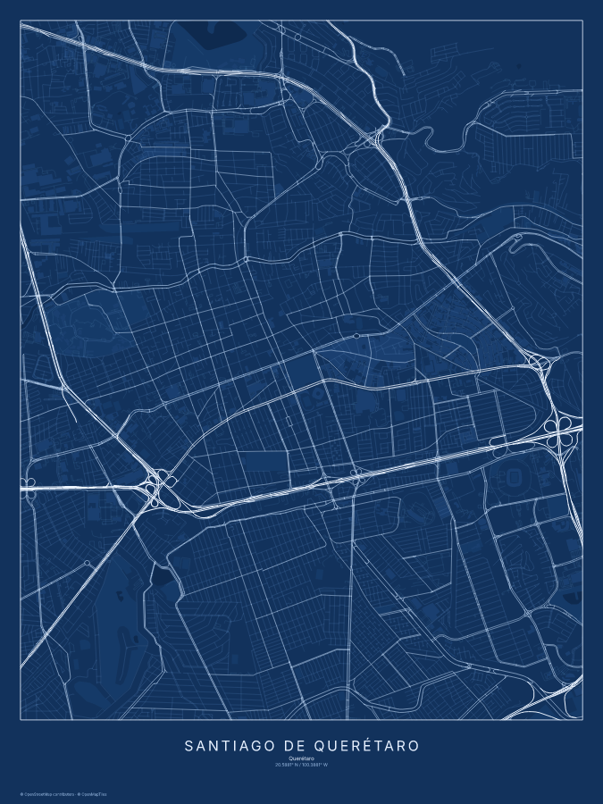 Santiago de Querétaro map poster, blueprint style