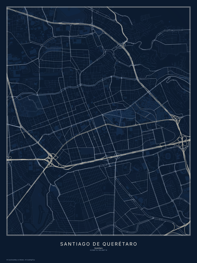 Santiago de Querétaro map poster, midnight style
