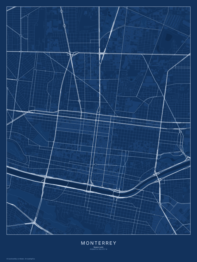 Monterrey map poster, blueprint style