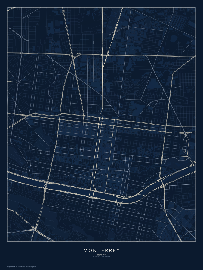 Monterrey map poster, midnight style