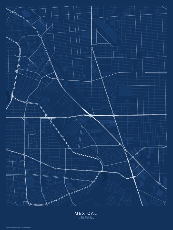 Mexicali map poster, blueprint style