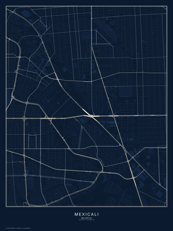 Mexicali map poster, midnight style