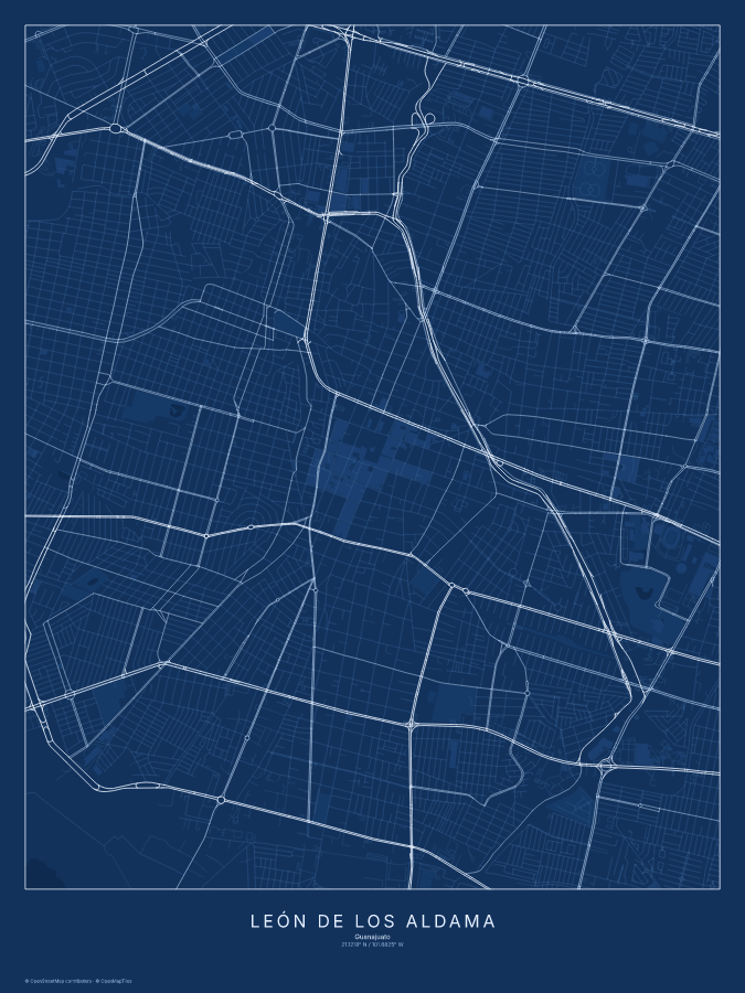 León de los Aldama map poster, blueprint style