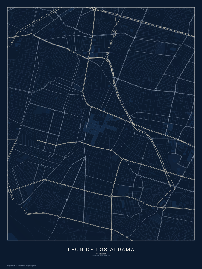 León de los Aldama map poster, midnight style