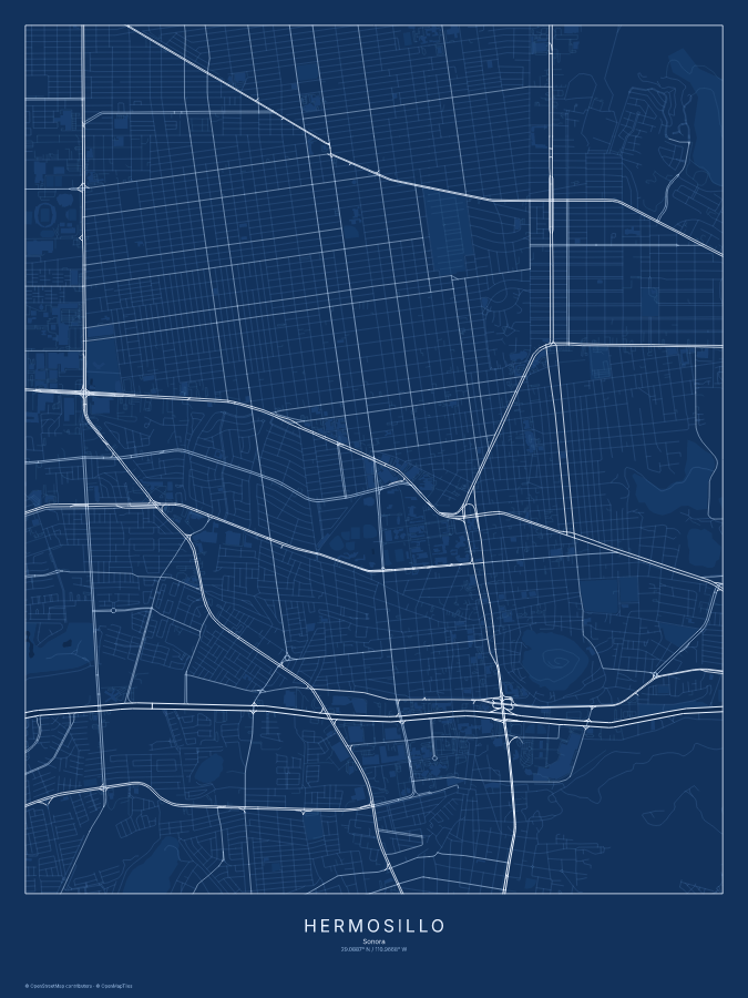Hermosillo map poster, blueprint style