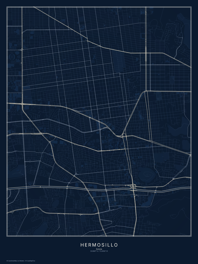 Hermosillo map poster, midnight style