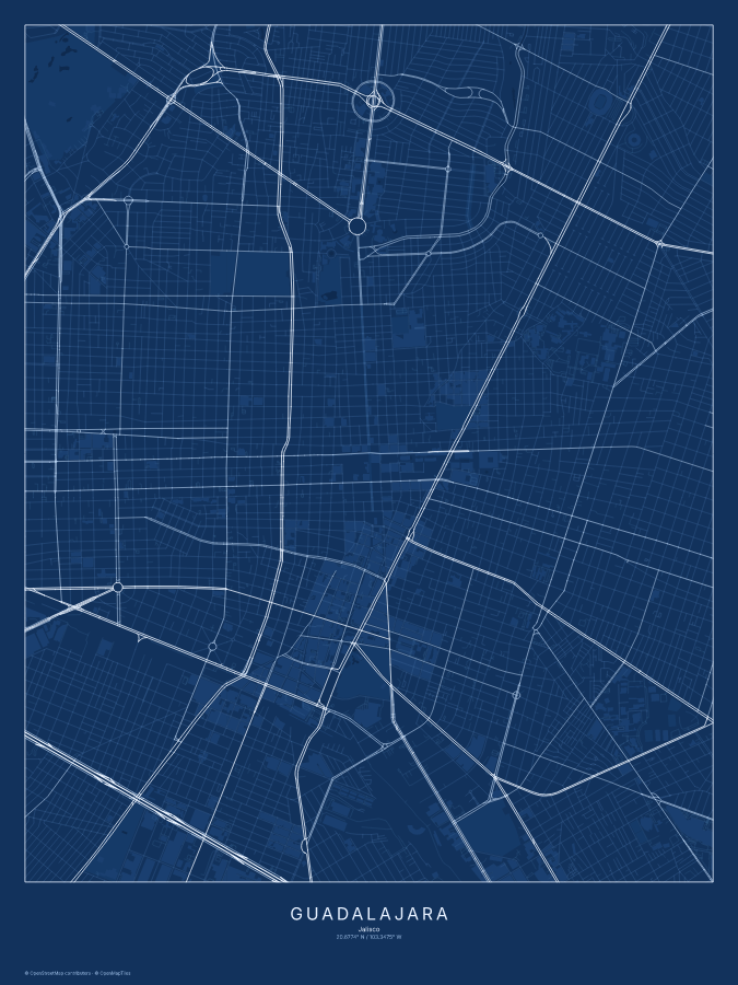 Guadalajara map poster, blueprint style
