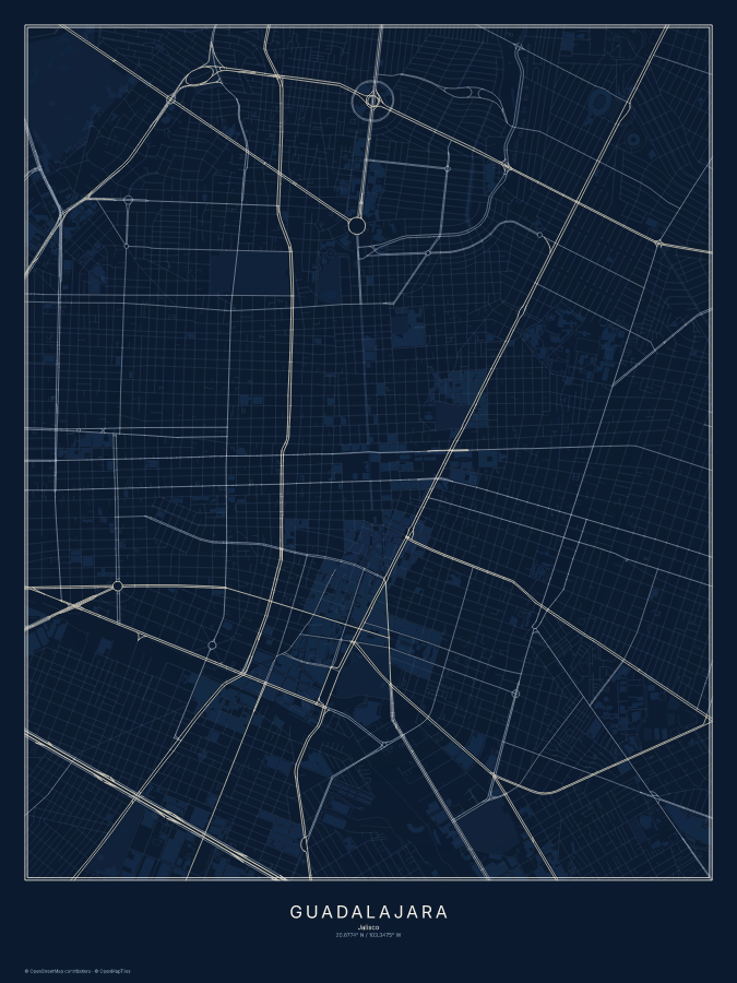 Guadalajara map poster, midnight style