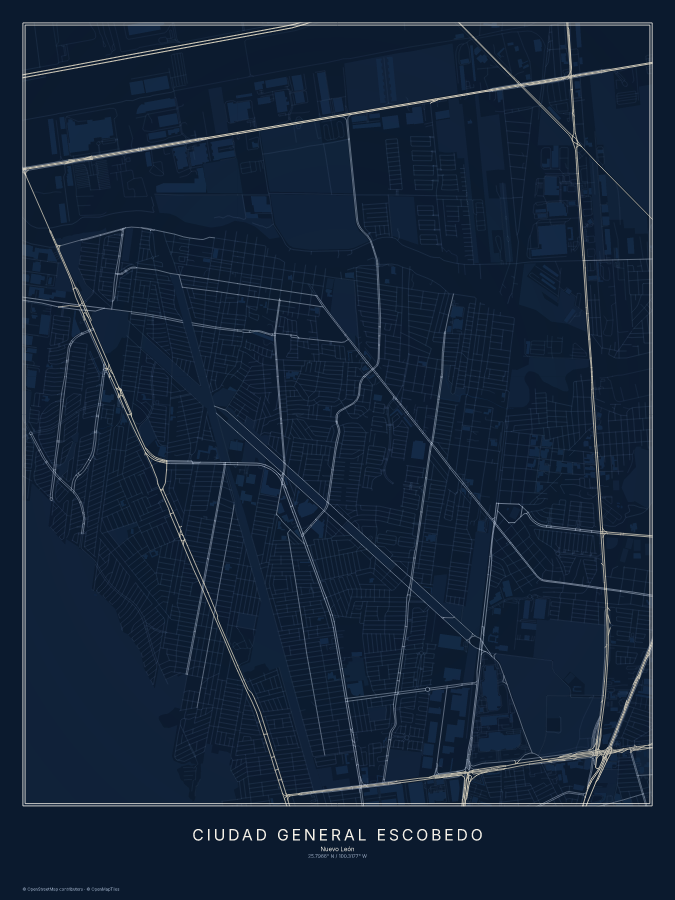 Ciudad General Escobedo map poster, midnight style