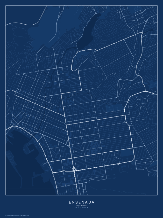 Ensenada map poster, blueprint style