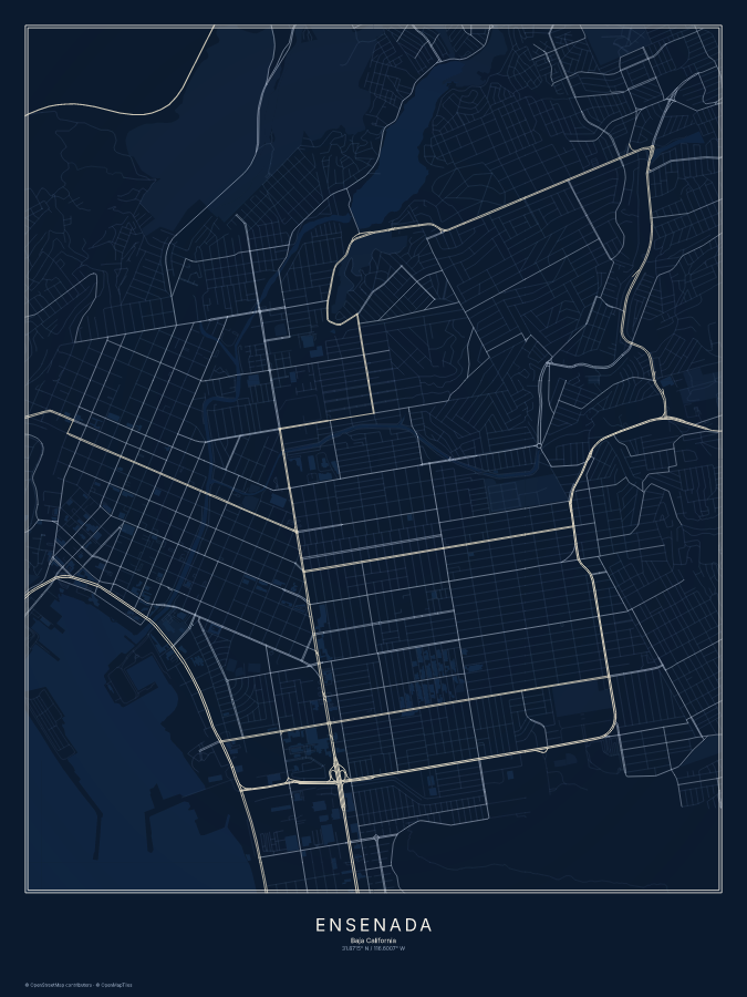 Ensenada map poster, midnight style