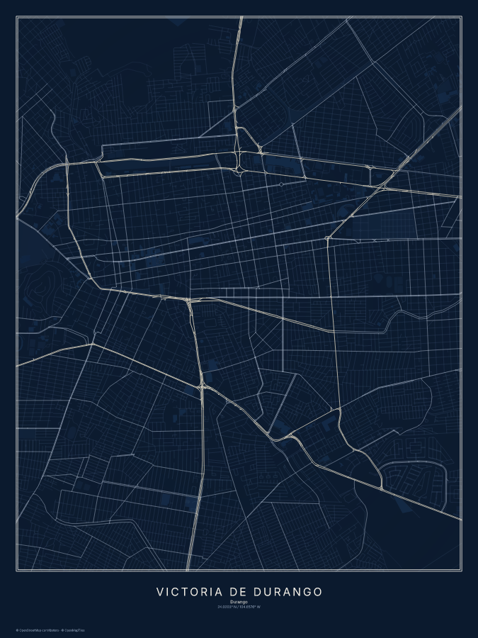 Victoria de Durango map poster, midnight style