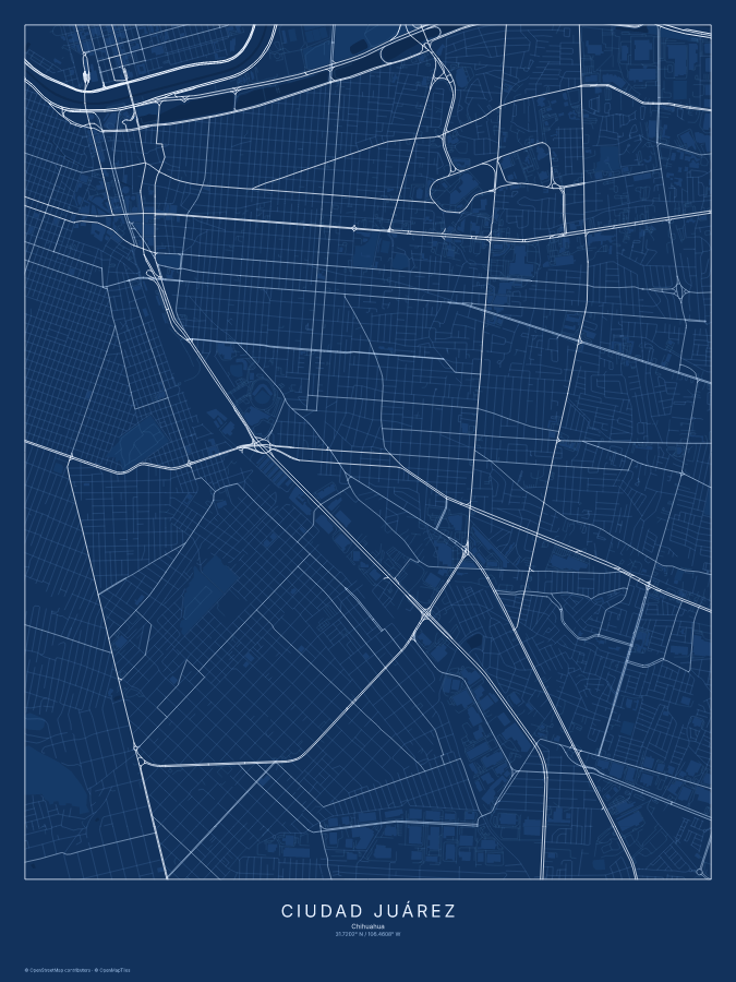Ciudad Juárez map poster, blueprint style