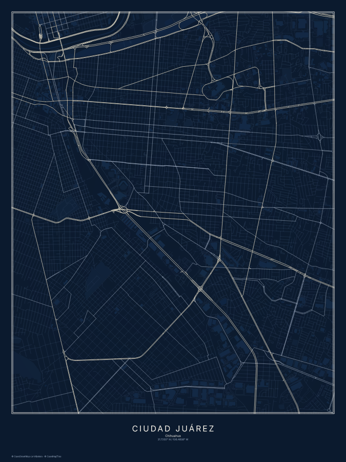 Ciudad Juárez map poster, midnight style