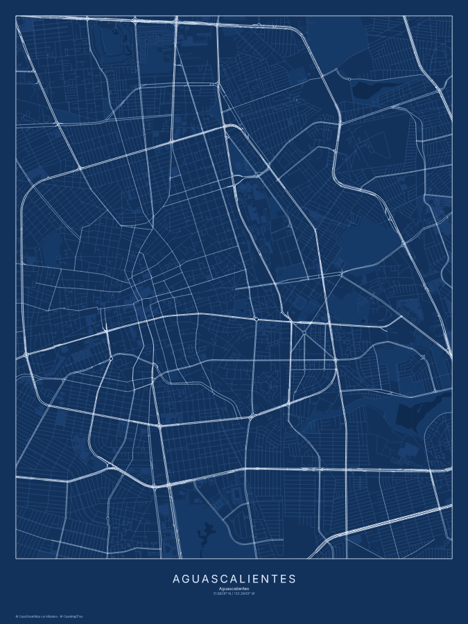 Aguascalientes map poster, blueprint style