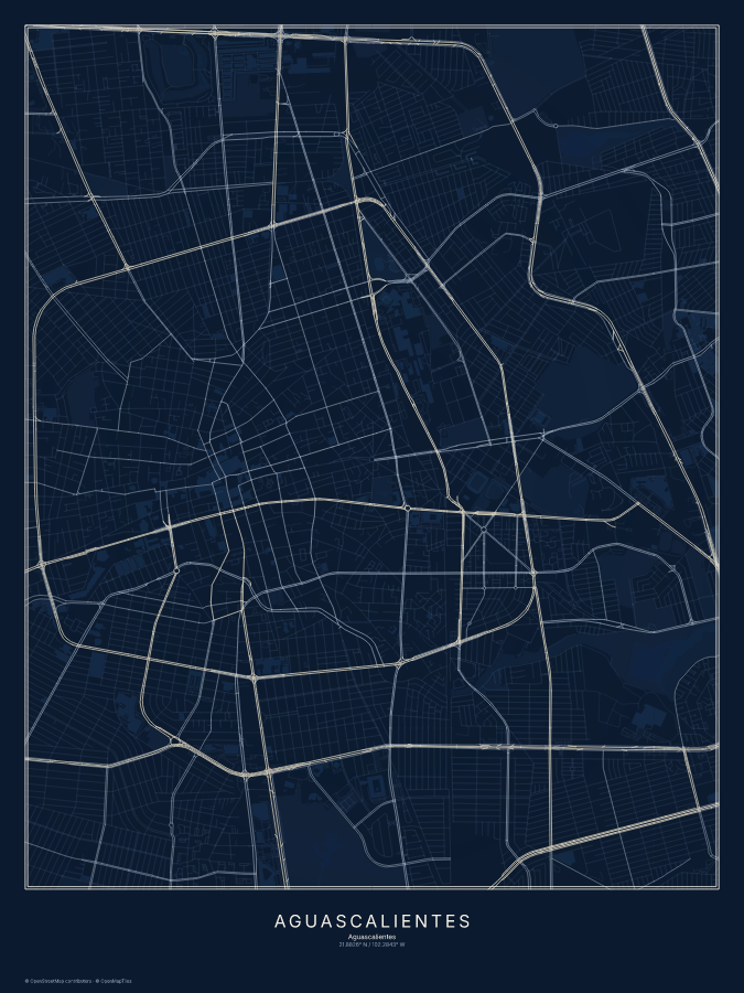 Aguascalientes map poster, midnight style