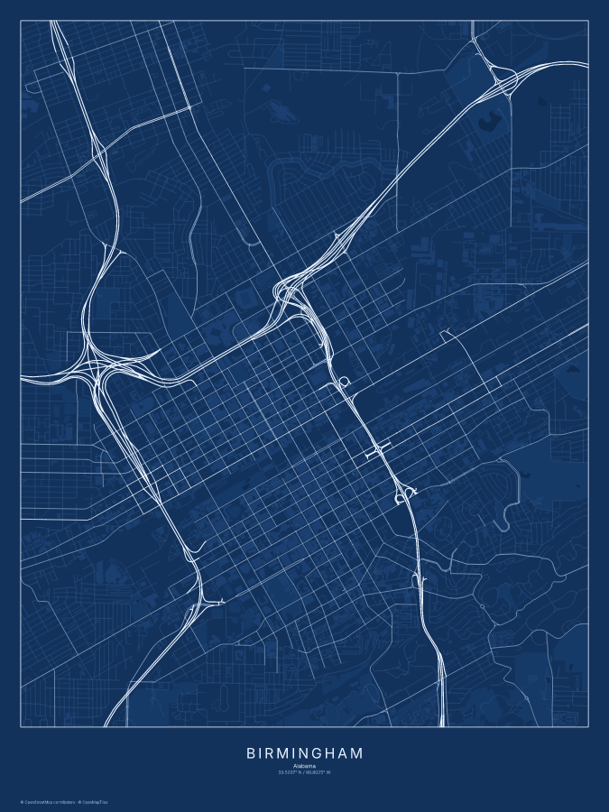 Birmingham map poster, blueprint style
