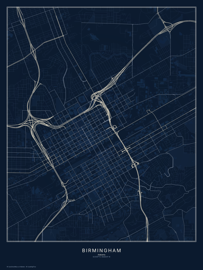 Birmingham map poster, midnight style
