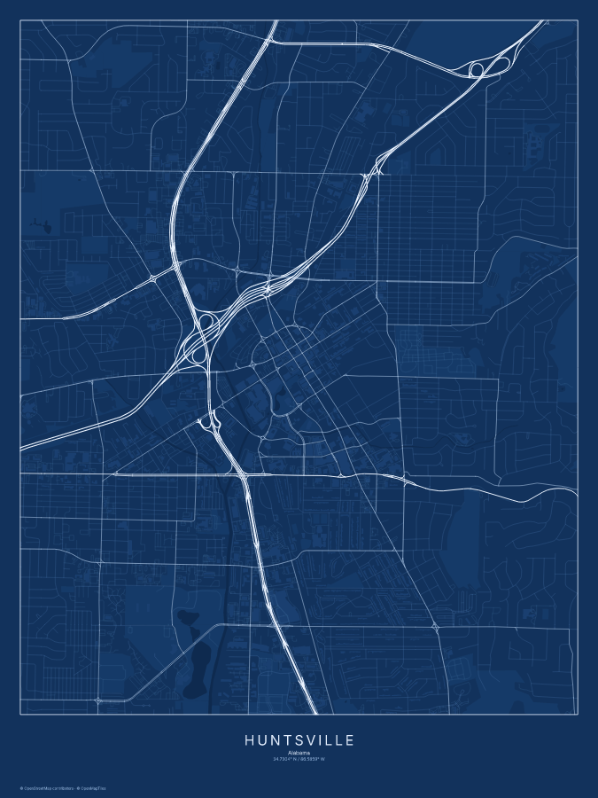 Huntsville map poster, blueprint style