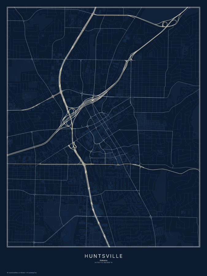 Huntsville map poster, midnight style