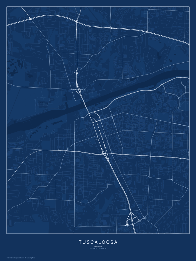 Tuscaloosa map poster, blueprint style