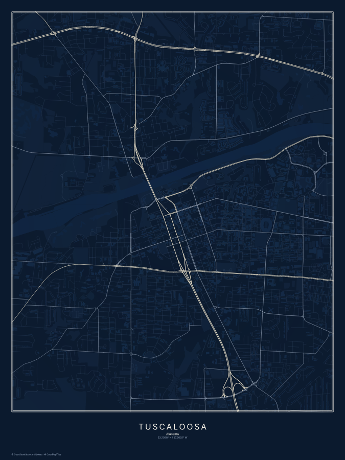 Tuscaloosa map poster, midnight style