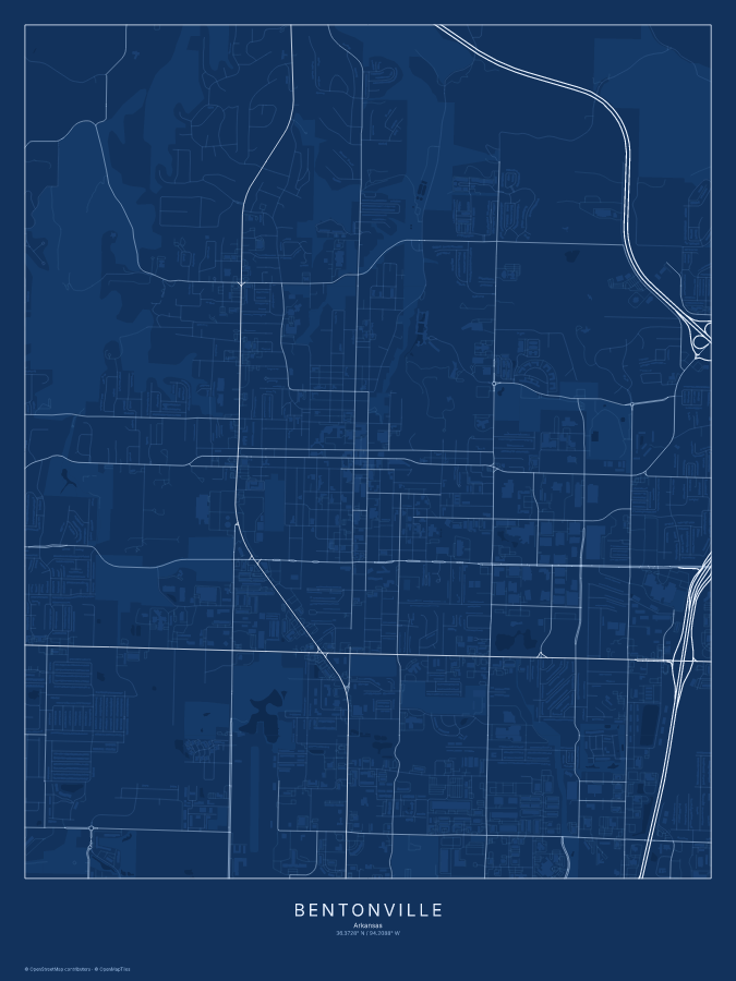 Bentonville map poster, blueprint style