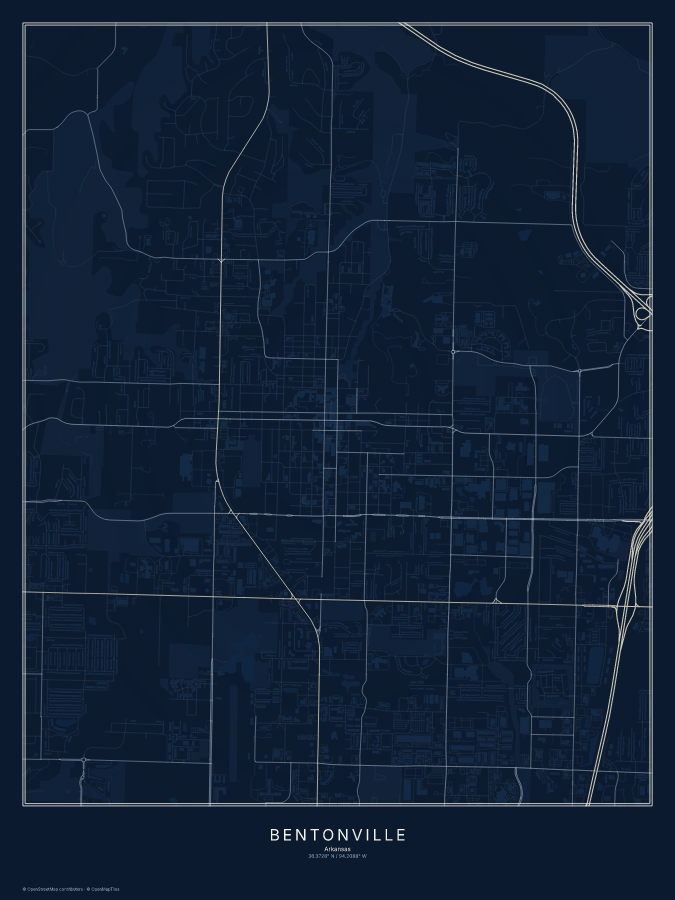 Bentonville map poster, midnight style
