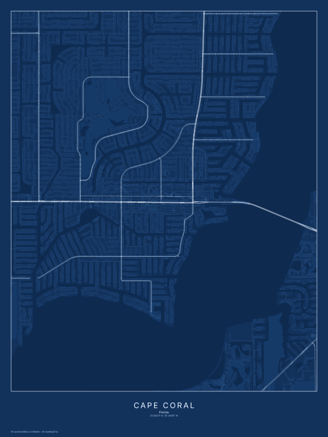 Cape Coral map poster, blueprint style